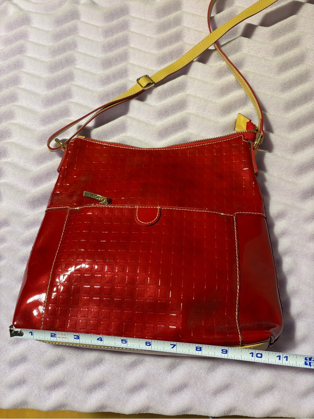 Italian Arcadia Red Patent Crossbody Bag with Contrast Strap - Picture 13 of 15